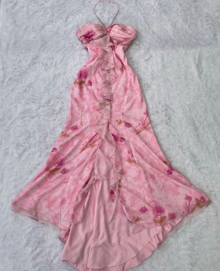 Mermaid Halter Pink Chiffon Floral Long Prom & Evening Dress - FashionDia