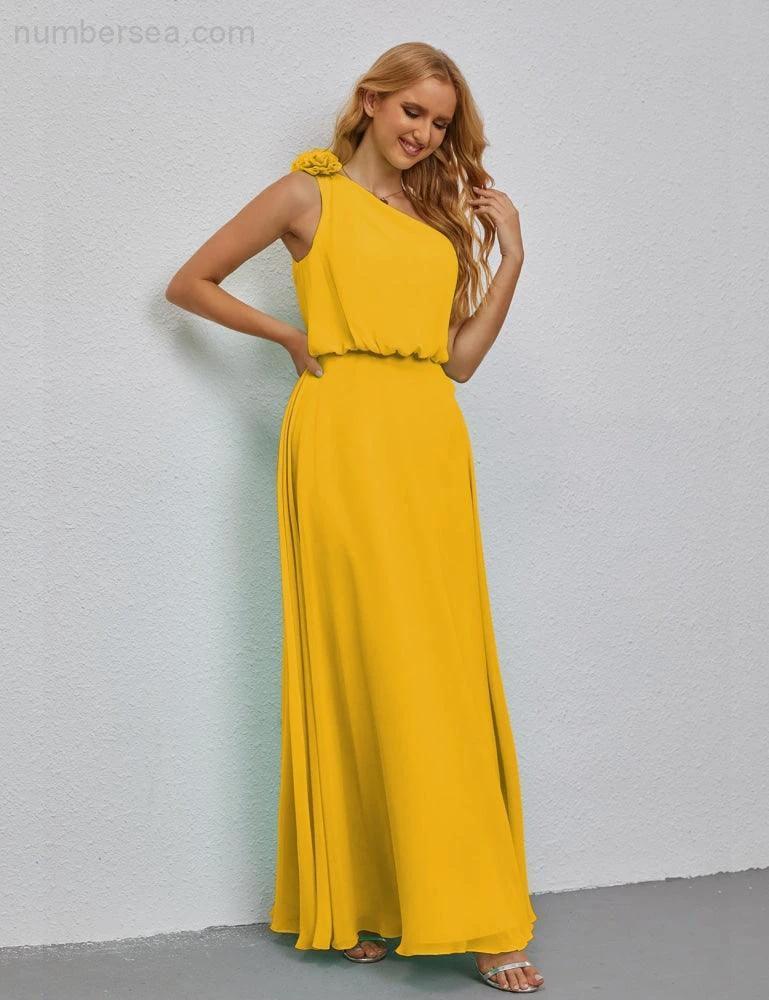 Ruffled One Shoulder Sleeveless Long Bridesmaid Dresses A-line Formal Evening Gown Side Split 28080 (ZD17018)