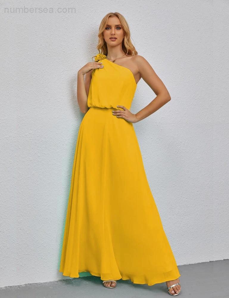 Ruffled One Shoulder Sleeveless Long Bridesmaid Dresses A-line Formal Evening Gown Side Split 28080 (ZD17018)
