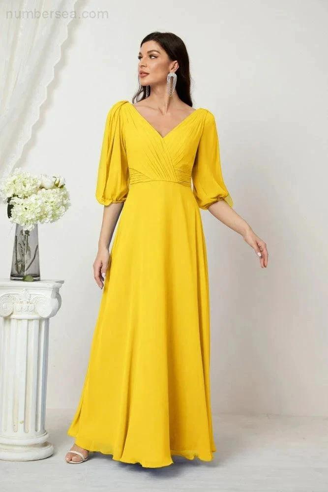 ZapDress Formal Prom Gown Women V-Neck Chiffon Bridesmaid Dresses Long Bishop Sleeve Party Dress 2807 (ZD17027)