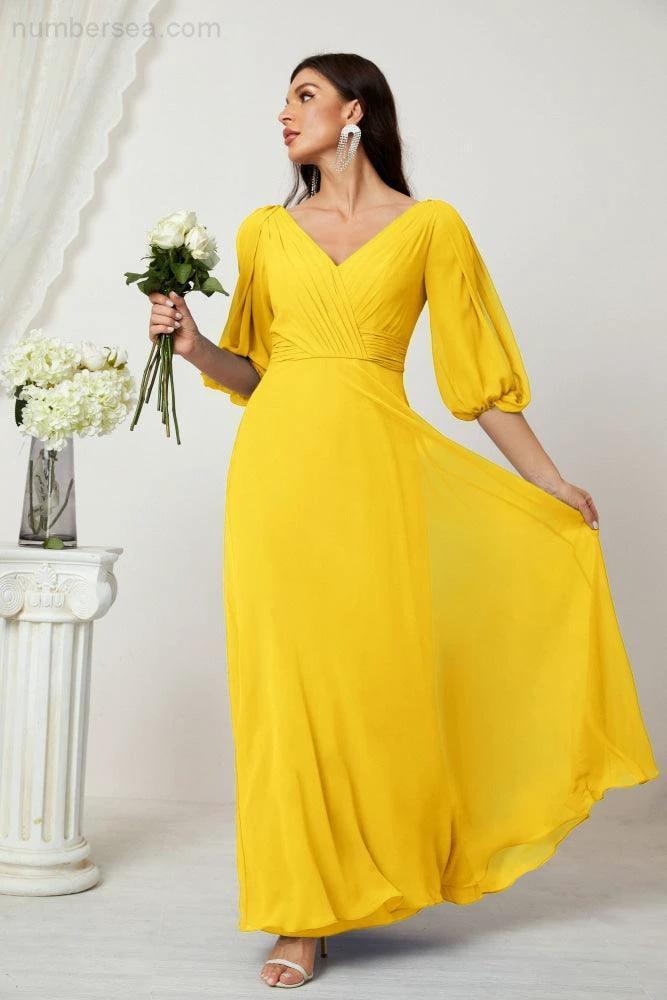 ZapDress Formal Prom Gown Women V-Neck Chiffon Bridesmaid Dresses Long Bishop Sleeve Party Dress 2807 (ZD17027)