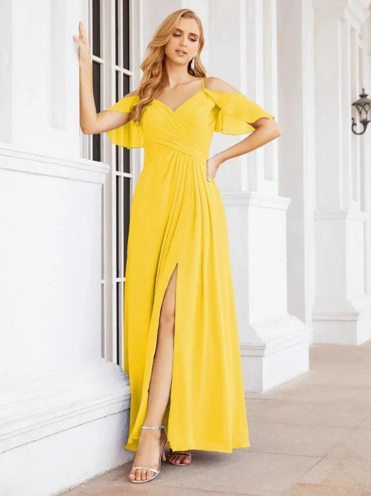 Numbersea Cold Shoulder Long Bridesmaid Dresses Side Slit Formal Prom Gowns Party Wedding 28070 by numbersea
