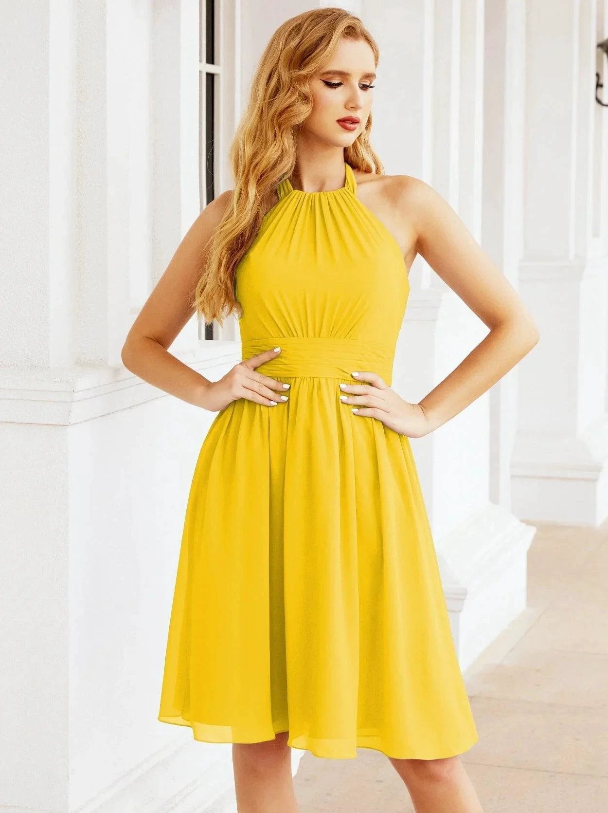 ZapDress Halter Chiffon Bridesmaid Dresses Short Sleeveless Formal Party Dress Open Back 28023 (ZD16957)