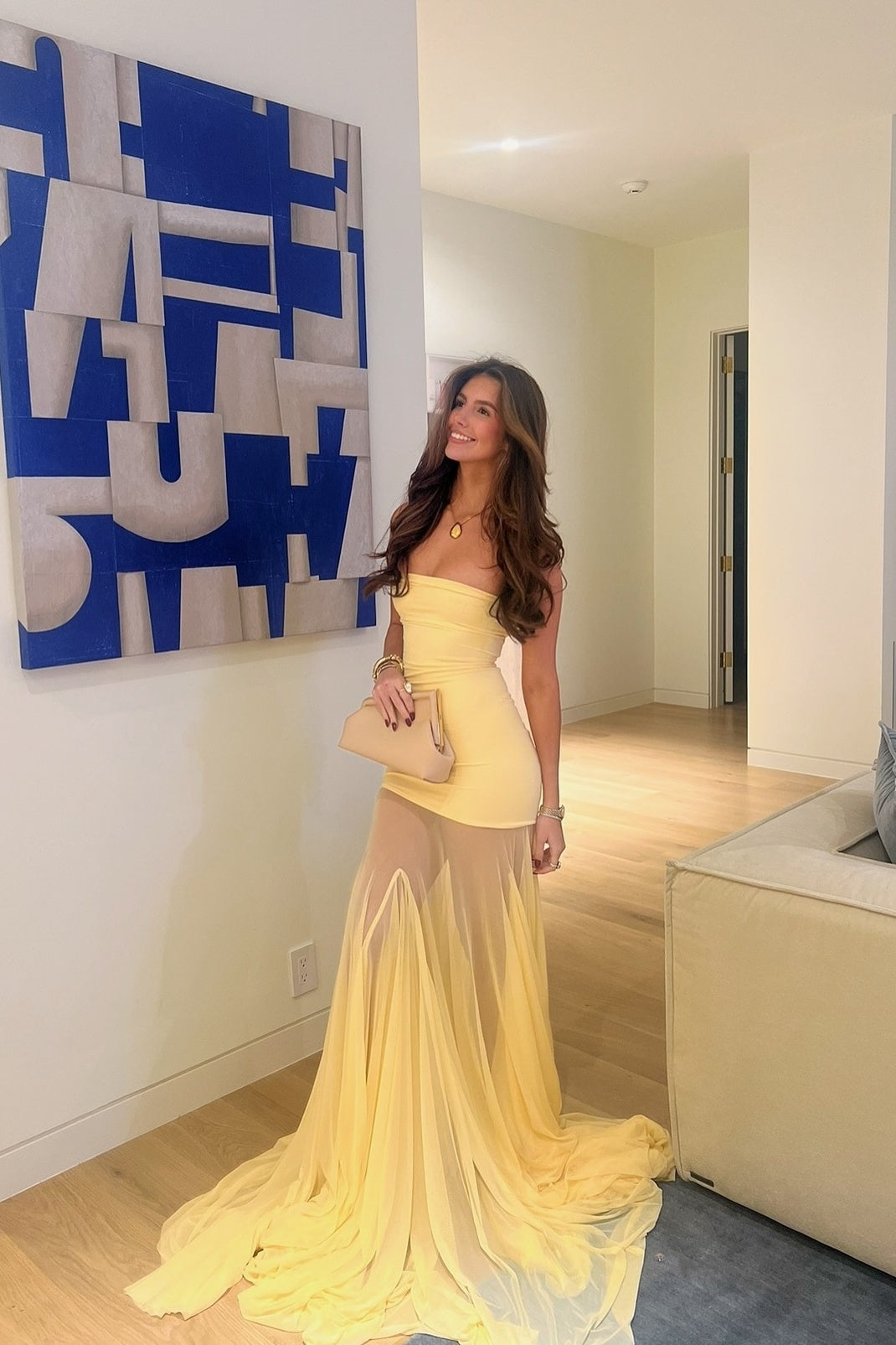 Charming Mermaid Strapless Yellow Long Party Dress with Lace Ruffles
