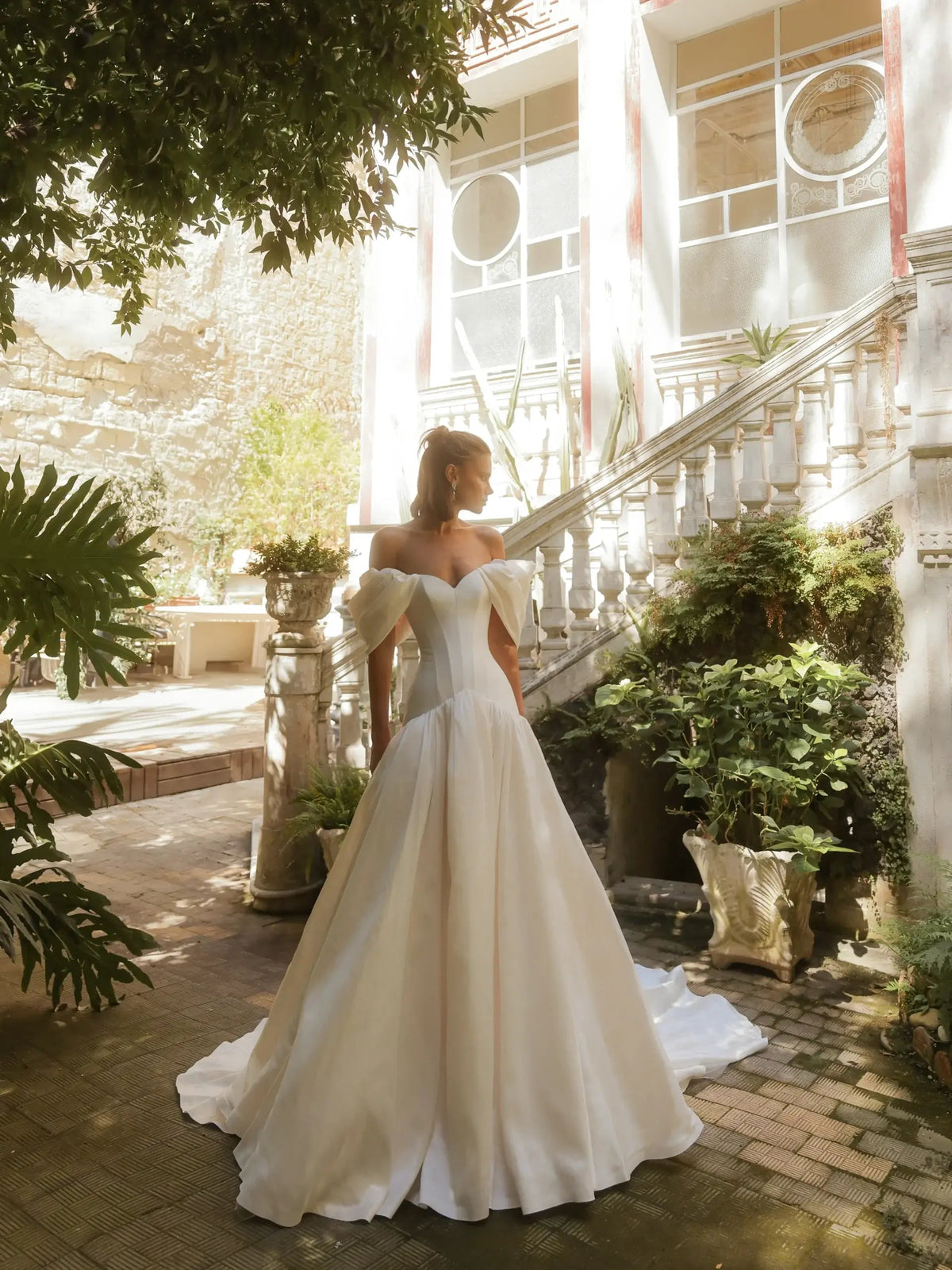 Romantic White Satin Off-the-Shoulder Puff Sleeve Ball Gown Wedding Dress ZP113 - View 6 | VelvetHem