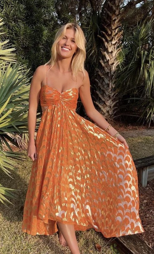 Chic Orange Long A-Line Prom Dress Spaghetti Straps Evening Party Gown - FashionDia