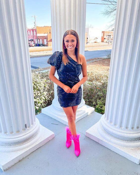 One Shoulder Sequins Short Homecoming Dress Graduation Dress (ZD12437)