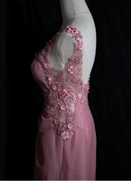 Pink Backless 3d Flower Long Prom Dress Vintage Evening Dress J7890