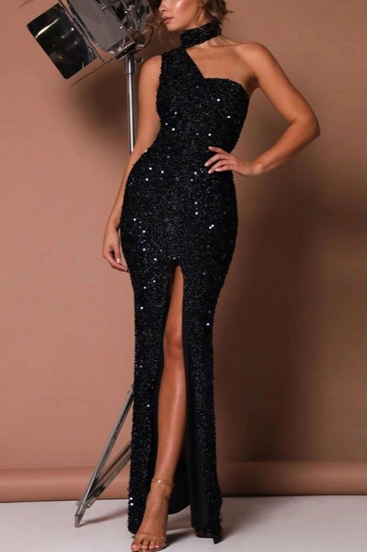 Sweet Strapless Sequin High Waist Black Long Sequin Dress - VelvetHem