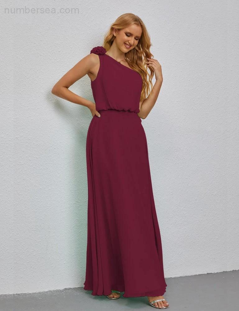Ruffled One Shoulder Sleeveless Long Bridesmaid Dresses A-line Formal Evening Gown Side Split 28080 (ZD17018)
