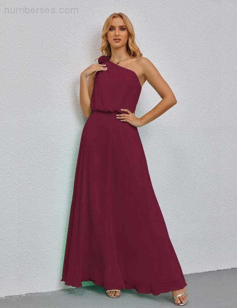Ruffled One Shoulder Sleeveless Long Bridesmaid Dresses A-line Formal Evening Gown Side Split 28080 (ZD17018)