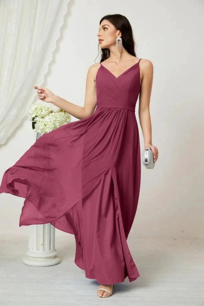 Numbersea Chiffon V-Neck Bridesmaid Dress Spaghetti Strap Long Formal Party Prom Gowns with Slit 28010 by numbersea