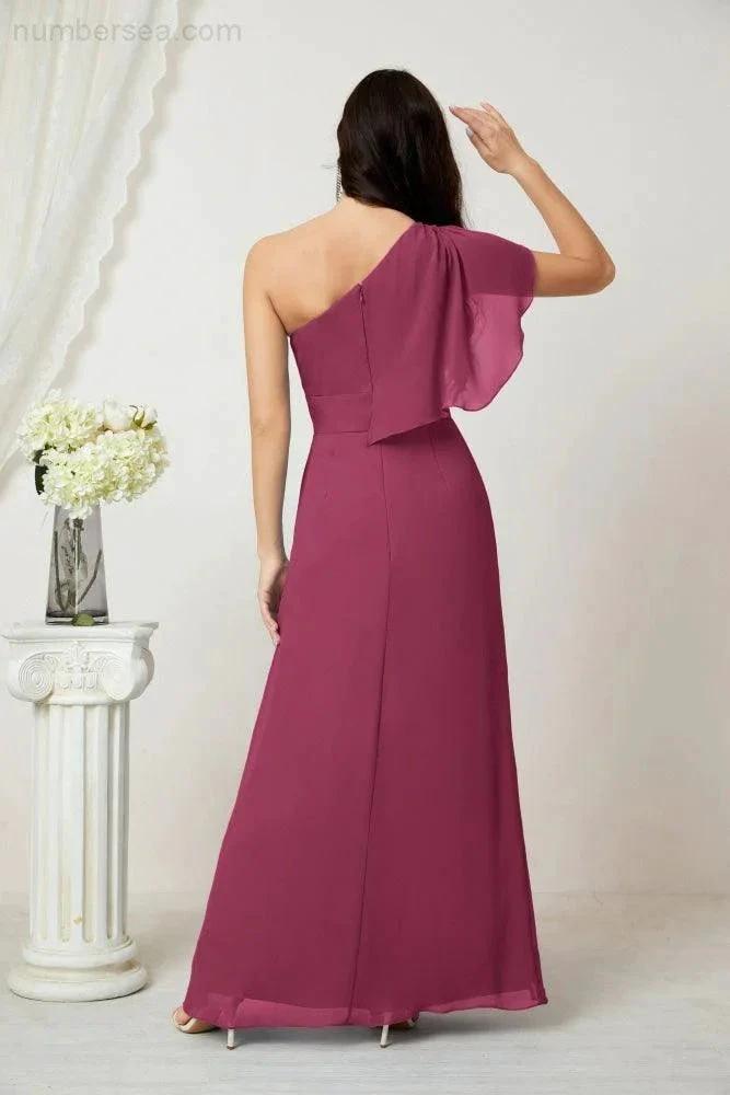 ZapDress Chiffon Ruffled One Shoulder Long Bridesmaid Dresses A-line Formal Evening Gown Side Split 2809 (ZD17049)
