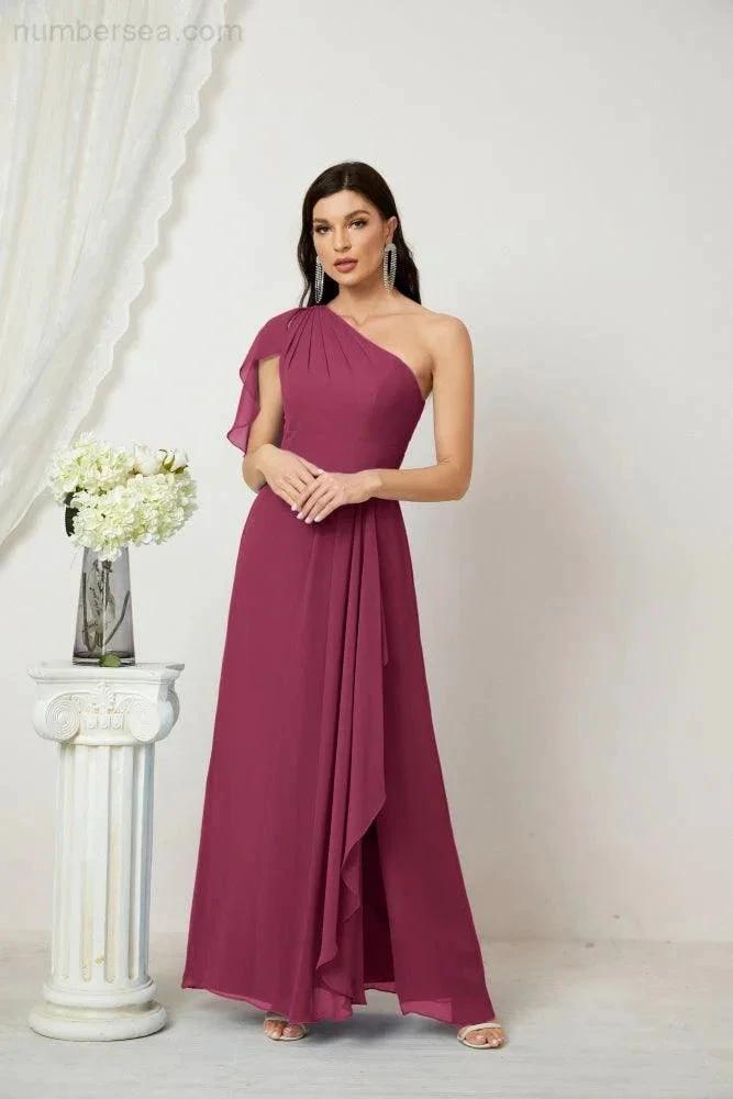 ZapDress Chiffon Ruffled One Shoulder Long Bridesmaid Dresses A-line Formal Evening Gown Side Split 2809 (ZD17049)
