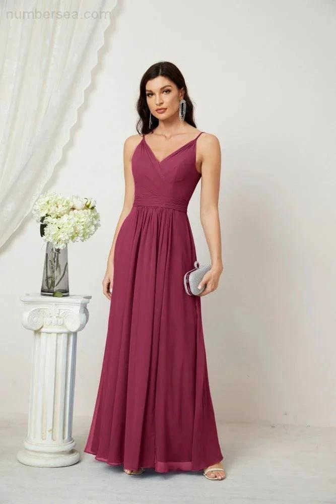 ZapDress Chiffon V-Neck Bridesmaid Dress Spaghetti Strap Long Formal Party Prom Gowns with Slit 28010 (ZD17028)