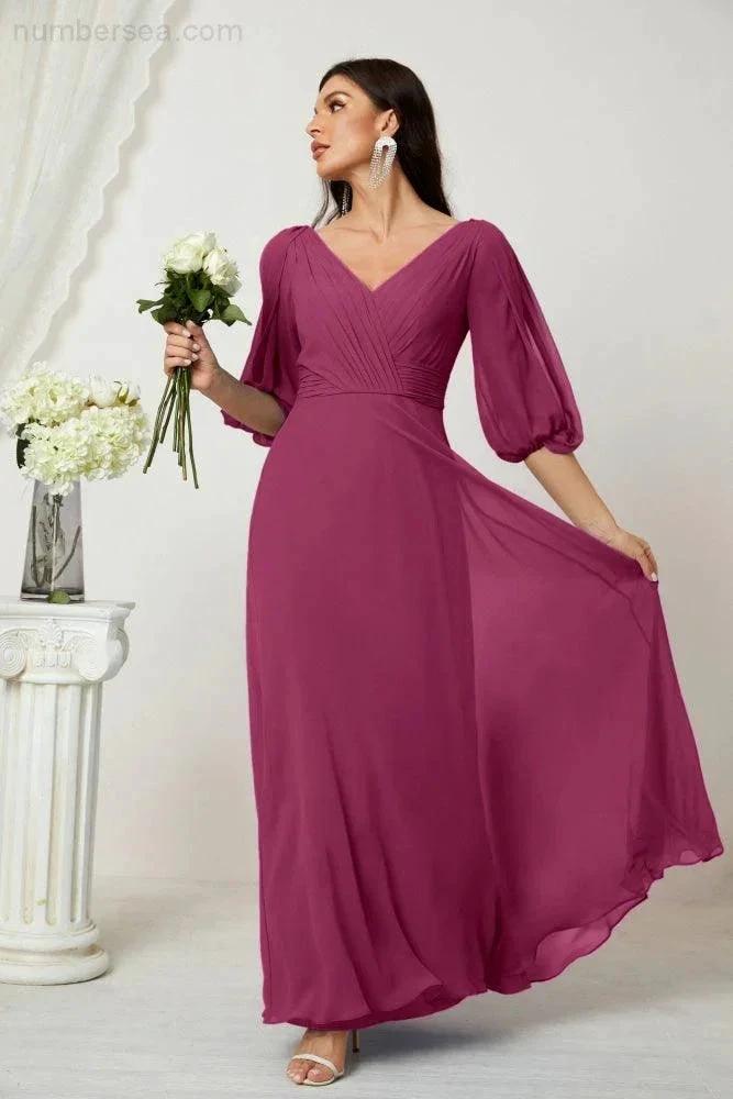 ZapDress Formal Prom Gown Women V-Neck Chiffon Bridesmaid Dresses Long Bishop Sleeve Party Dress 2807 (ZD17027)