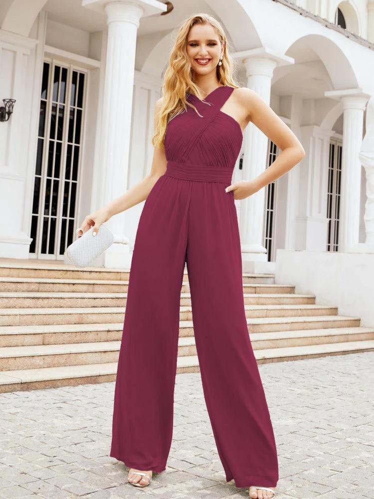 Numbersea Crisscross Neck Jumpsuit Formal Evening Dress Long Bridesmaid Dresses Bell-bottomed Pants 28033 by numbersea