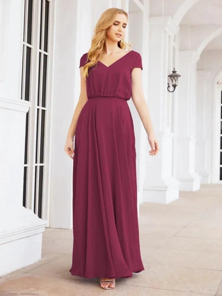 Numbersea V-Neck Bridesmaid Dresses Long Cap Sleeves Prom Evening Formal Gowns 28071 by numbersea