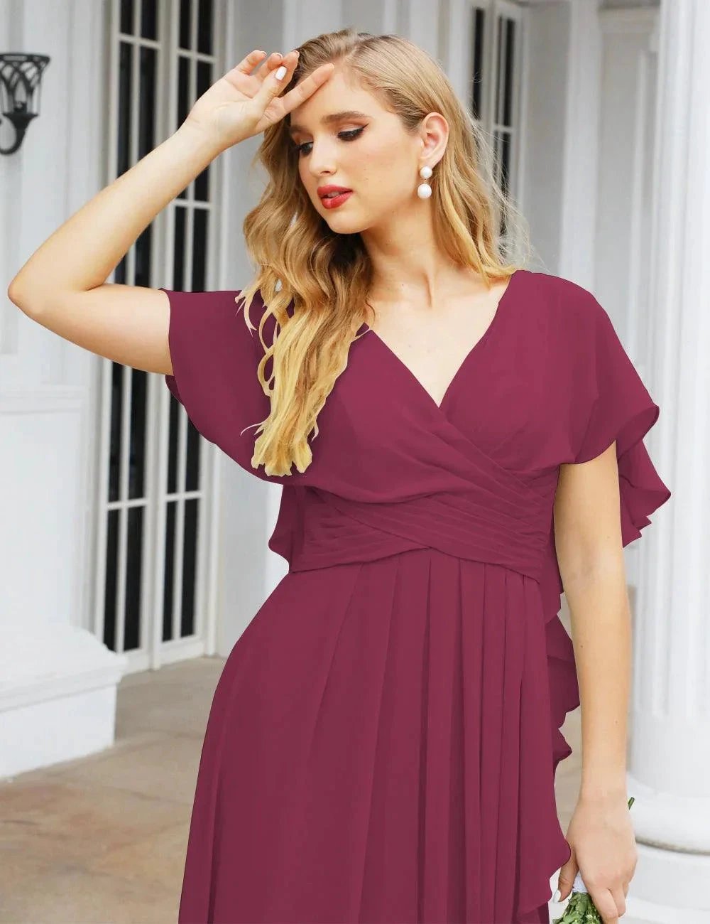ZapDress Chiffon Bridesmaid Dresses Long Formal Evening Prom Mother of The Bride Dress with Flutter Sleeve (ZD17054)