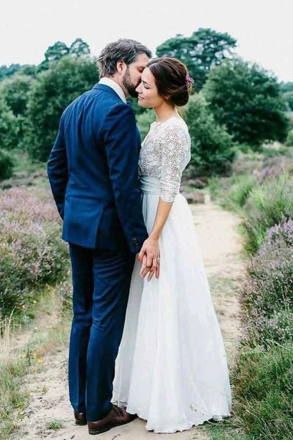 3/4 Sleeve See Through Backless Lace Chiffon Wedding Dresses (ZD16034)