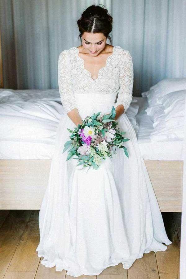 3/4 Sleeve See Through Backless Lace Chiffon Wedding Dresses (ZD16034)