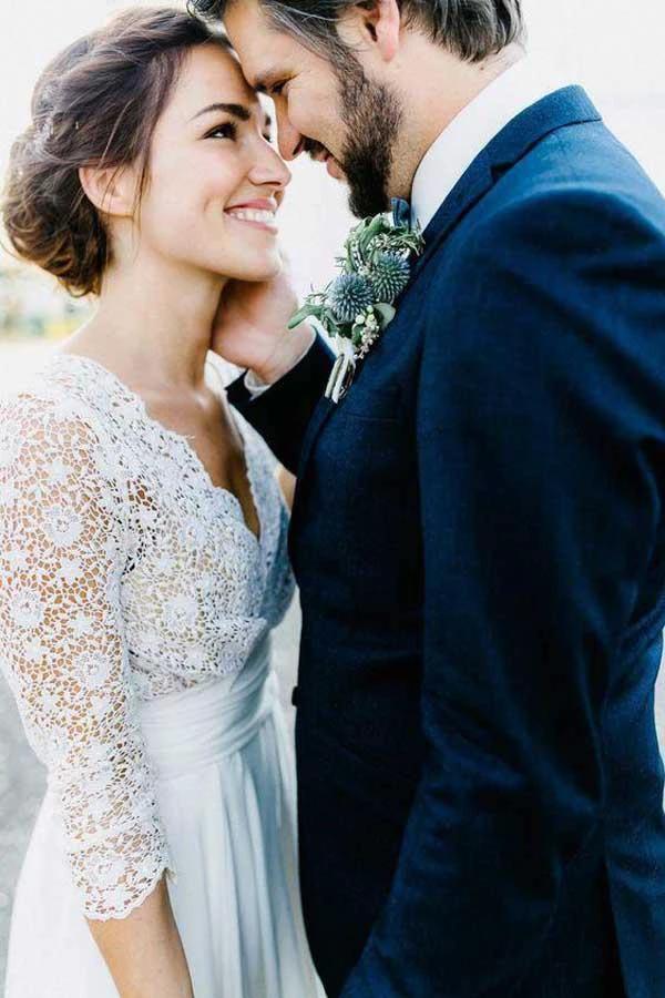 3/4 Sleeve See Through Backless Lace Chiffon Wedding Dresses (ZD16034)