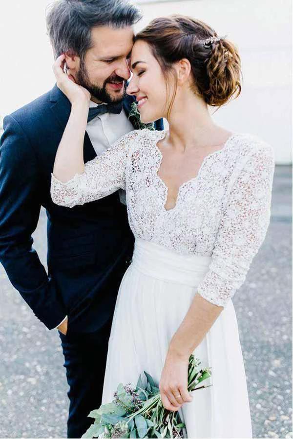 3/4 Sleeve See Through Backless Lace Chiffon Wedding Dresses (ZD16034)