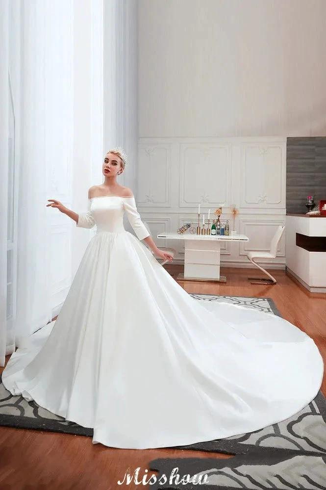 3/4 Sleeves Off-the-Shoulder Ball Gown White Aline Wedding Dress by misshow.com