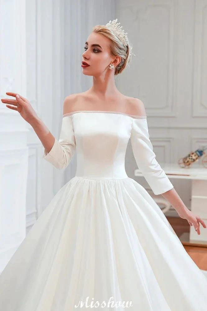 3/4 Sleeves Off-the-Shoulder Ball Gown White Aline Wedding Dress (ZD13983)