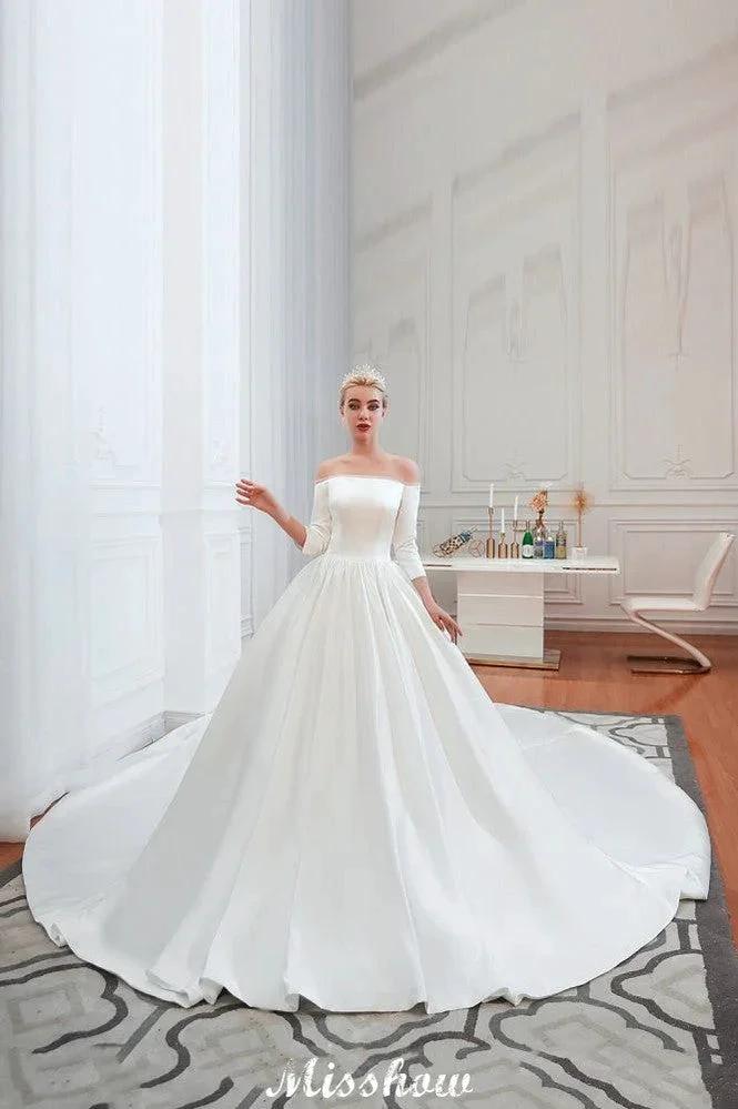 3/4 Sleeves Off-the-Shoulder Ball Gown White Aline Wedding Dress (ZD13983) - View 6 | VelvetHem