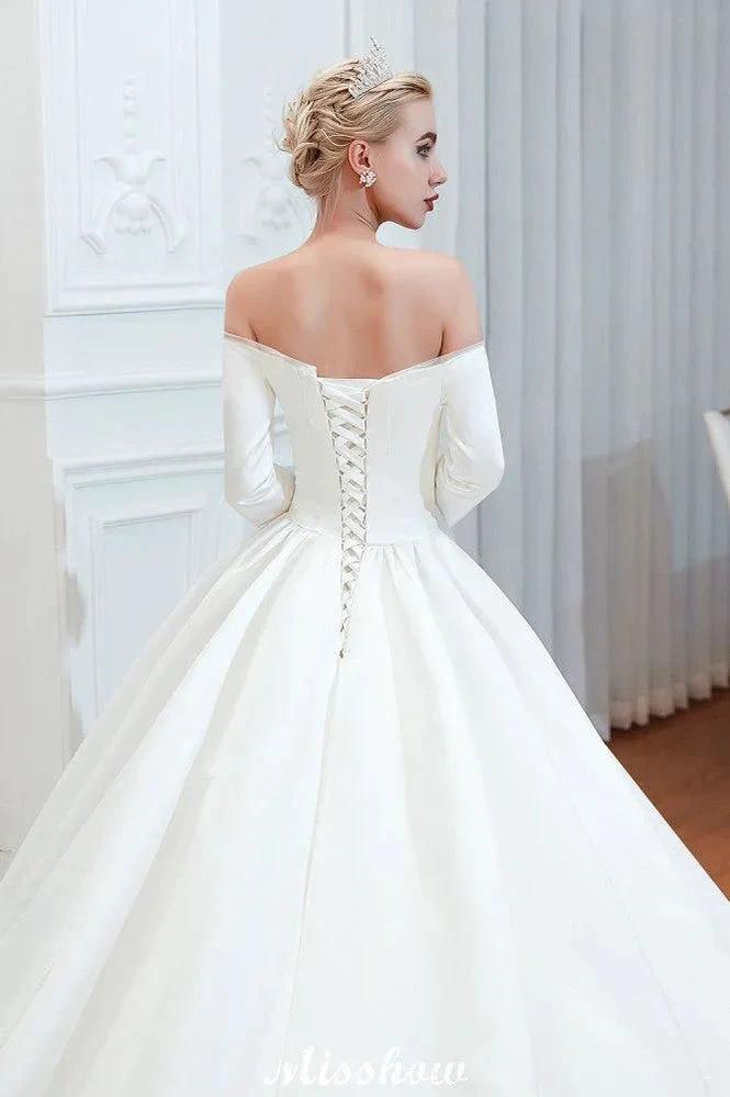 3/4 Sleeves Off-the-Shoulder Ball Gown White Aline Wedding Dress (ZD13983)