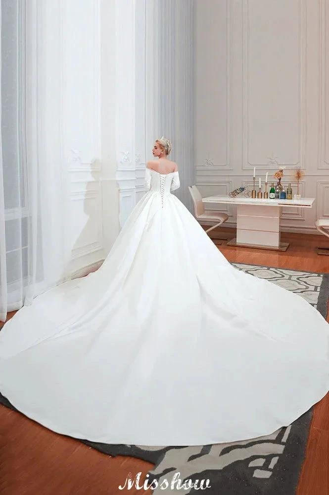 3/4 Sleeves Off-the-Shoulder Ball Gown White Aline Wedding Dress (ZD13983)