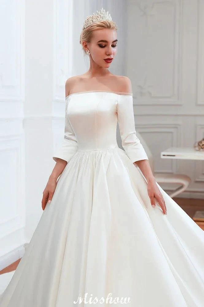3/4 Sleeves Off-the-Shoulder Ball Gown White Aline Wedding Dress (ZD13983)