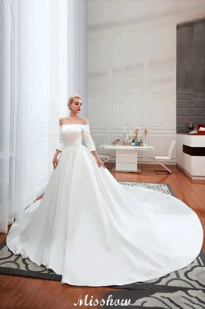 3/4 Sleeves Off-the-Shoulder Ball Gown White Aline Wedding Dress (ZD13983)