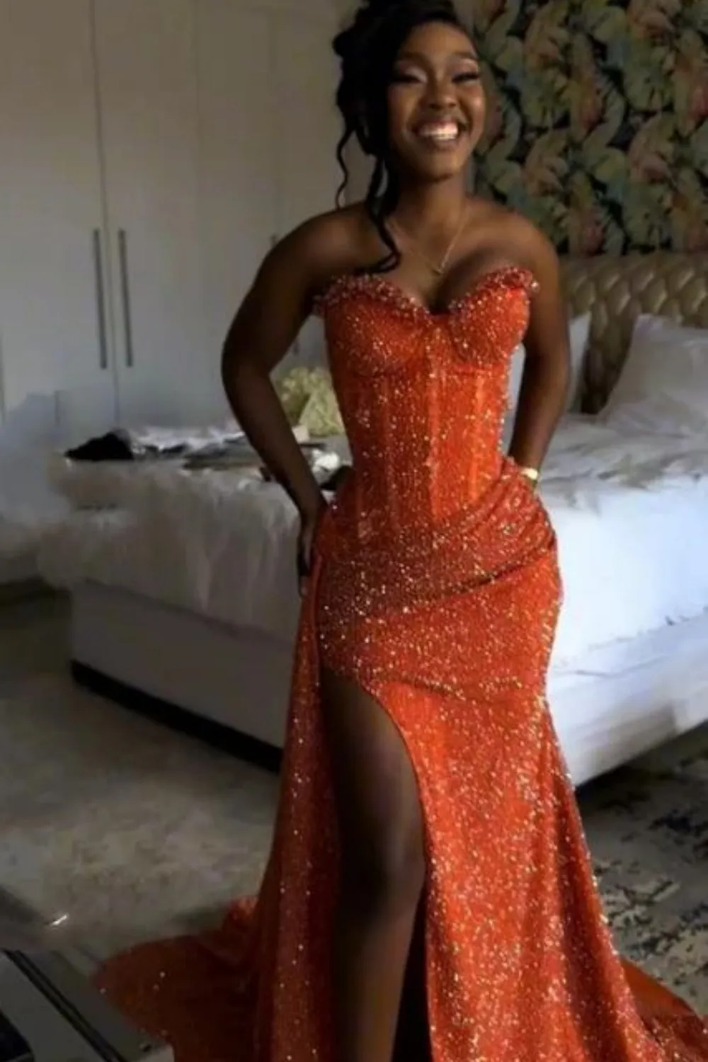 Orange Sweetheart Sparkle Sequin Mermaid High Split Prom Dresses