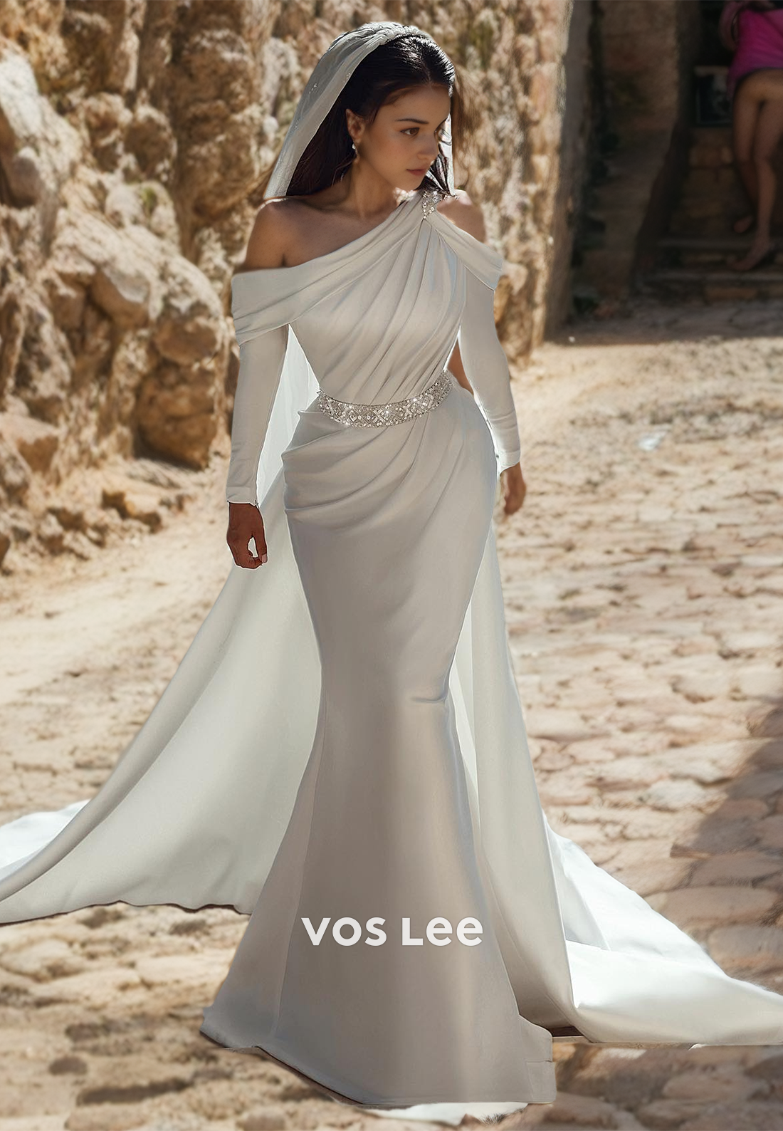 Trumpet/Mermaid One Shouler Sweep Train Mermaid Wedding Dress with Beaded Sash