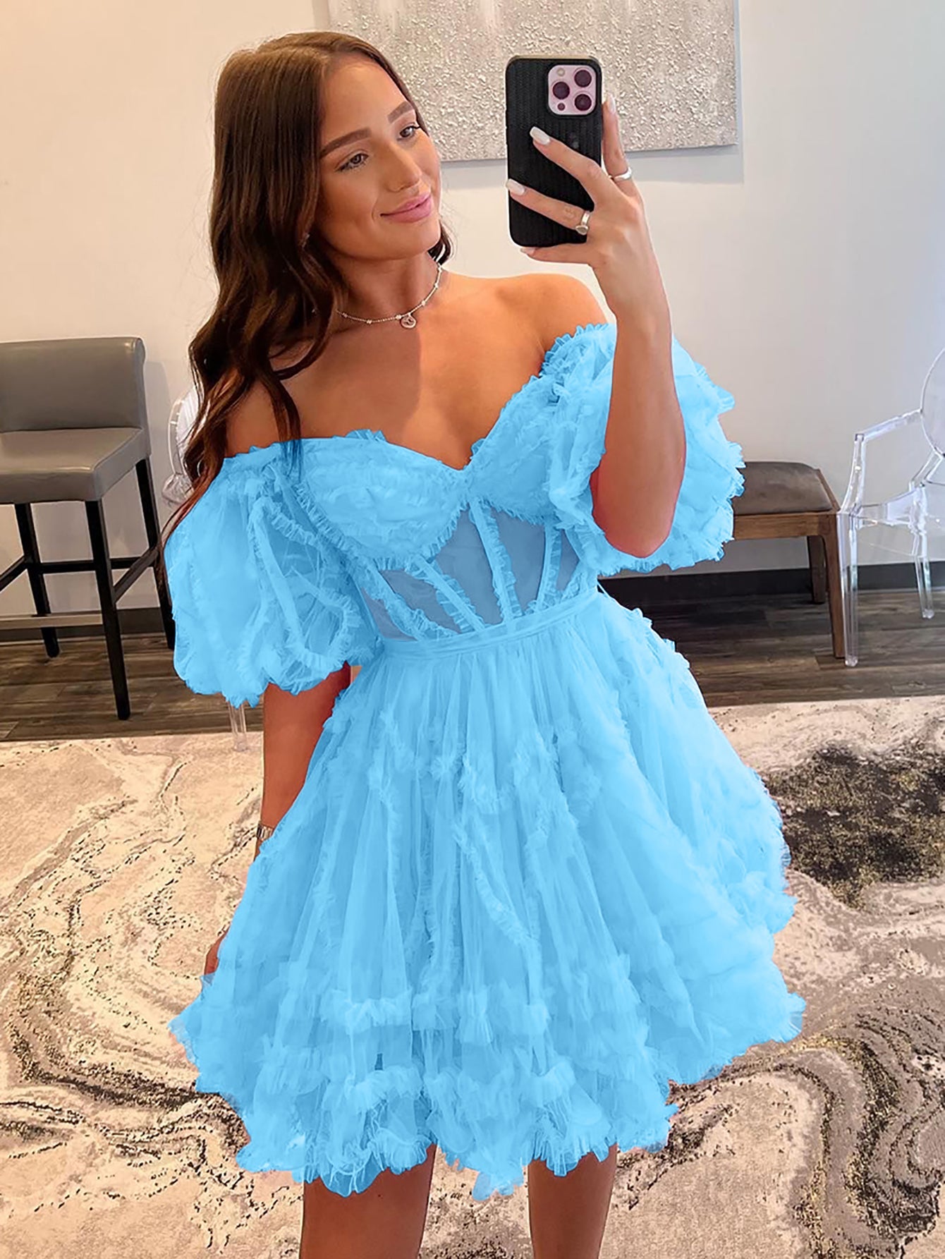 A-Line Blue V Neck Ruffles Short Homecoming Dress - Fashionpara