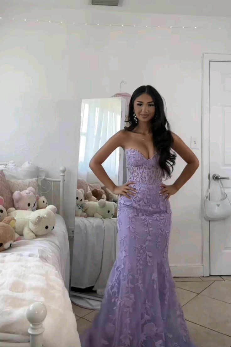 Elegant Tulle Appliques Lilac Prom Dress Long Mermaid Party Evening Dress - View 3 | FashionDia