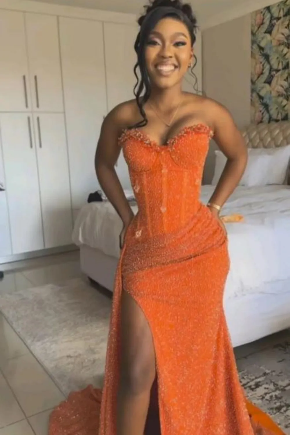 Orange Sweetheart Sparkle Sequin Mermaid High Split Prom Dresses