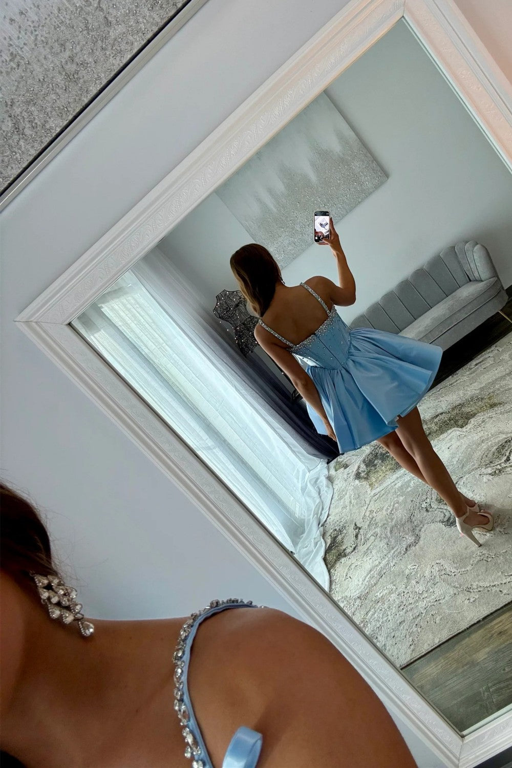 Unique Design A Line Spaghetti Straps Blue Short Homecoming Dress with Beading