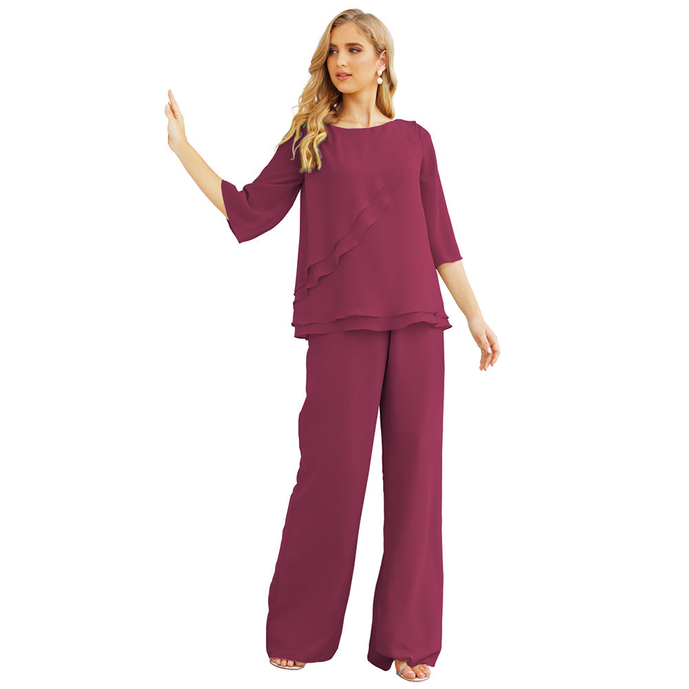 Sunnderly Chiffon Mother of The Bride Dress Plus Size Pant Suits Ruffle Layers