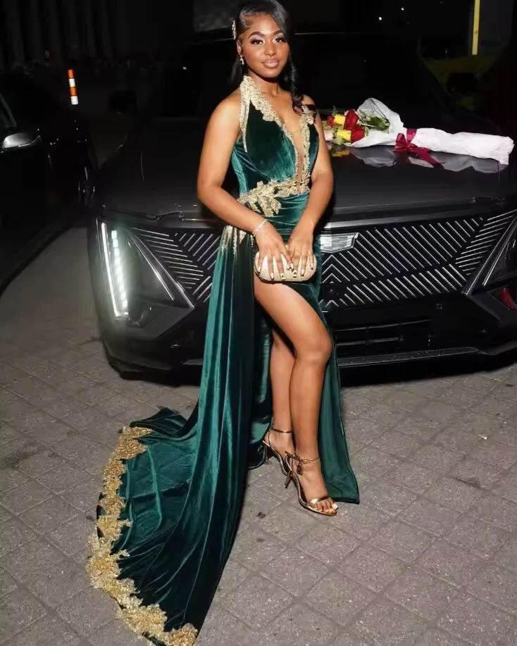 Sexy Halter Velvet Lace Appliques Evening Dress,Green Slit Party Dress Evening Gown - View 3 | FashionDia