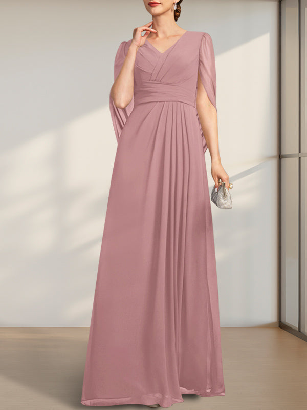 A-line V-Neck Floor-Length Chiffon Mother of the Bride Dress With Pleated - View 12 | FashionDia