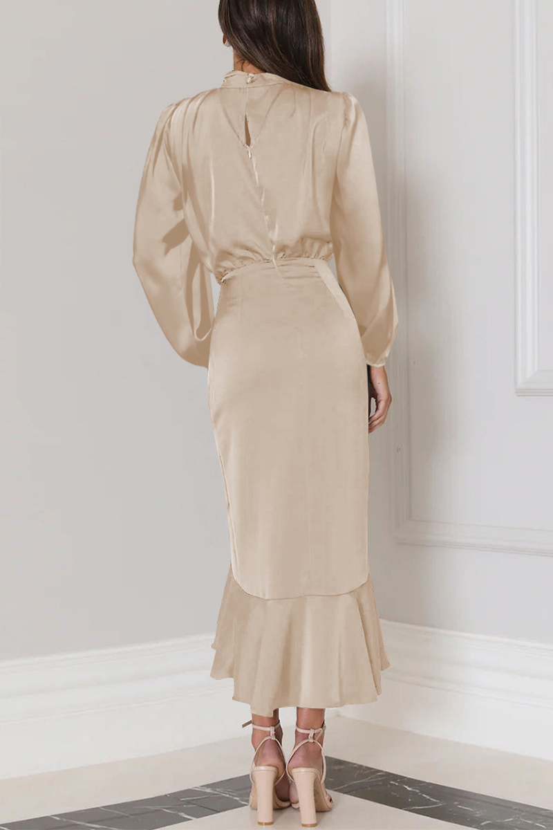 Elegant Solid Flounce Fold Turtleneck Evening Dress - View 13 | VelvetHem