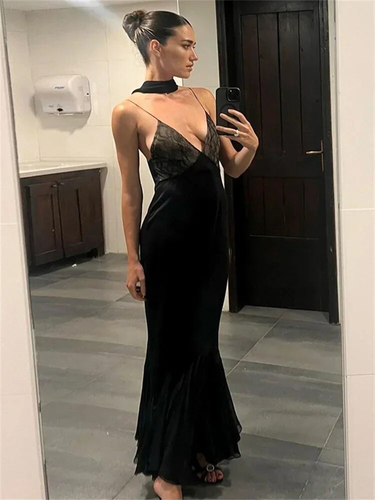 TARUXY Lace Splice Maxi Dresses For Women Sexy Deep V Neck Mesh Slim Dress Woman Temperament Clubwear Party Evening Dress Femme - View 5 | VelvetHem