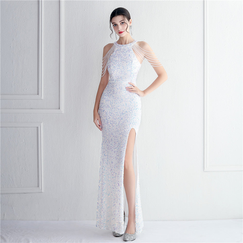 Heavy Industry Micro Glass Bead Craft Beaded Cocktail Evening Dress Elegant Long Halter Split Sequ - View 7 | VelvetHem