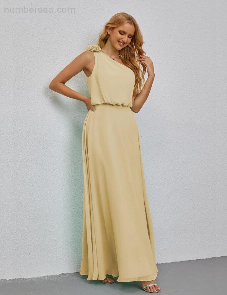 Ruffled One Shoulder Sleeveless Long Bridesmaid Dresses A-line Formal Evening Gown Side Split 28080 (ZD17018)