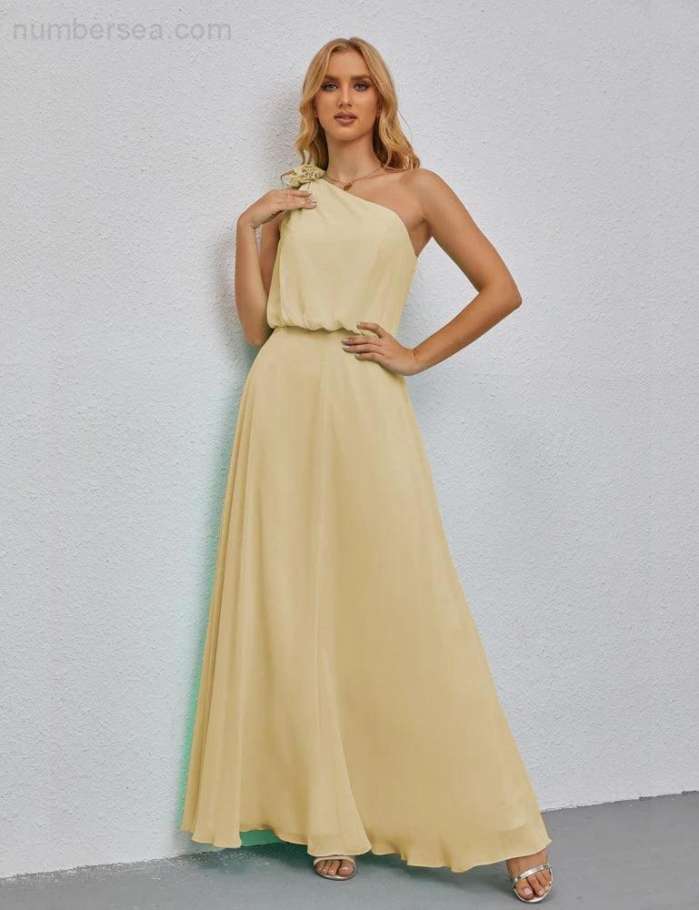 Ruffled One Shoulder Sleeveless Long Bridesmaid Dresses A-line Formal Evening Gown Side Split 28080 (ZD17018)