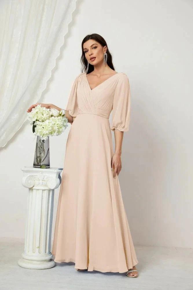 Numbersea Formal Prom Gown Women V-Neck Chiffon Bridesmaid Dresses Long Bishop Sleeve Party Dress 2807 by numbersea