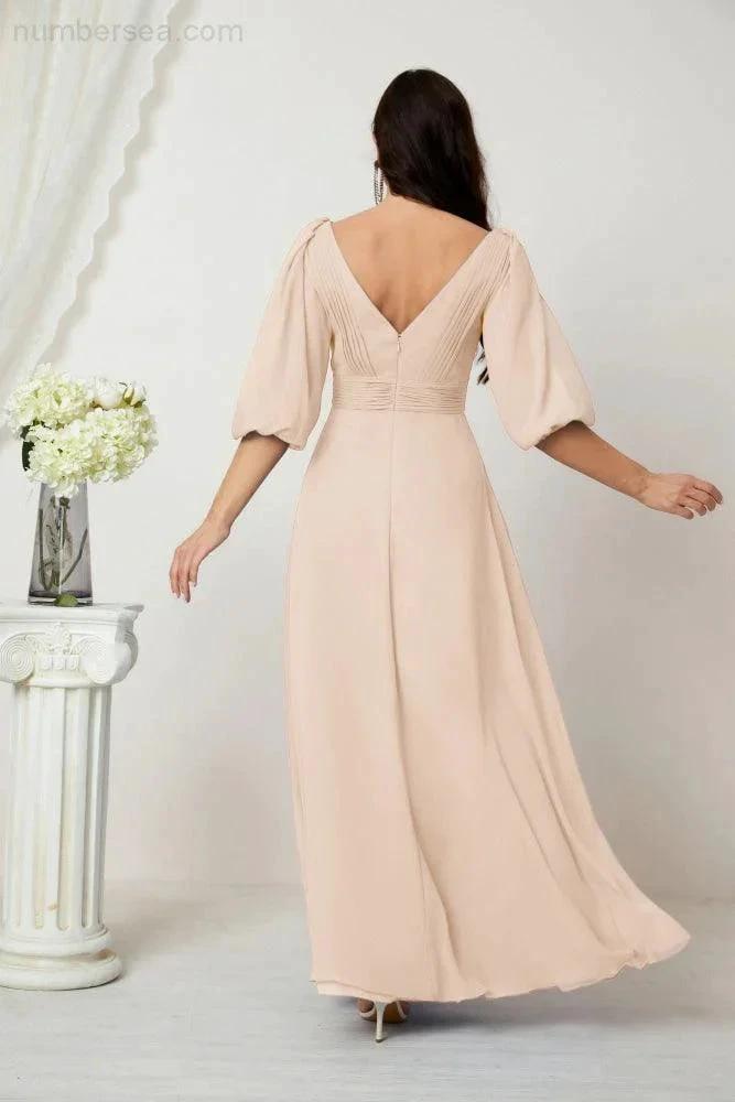 ZapDress Formal Prom Gown Women V-Neck Chiffon Bridesmaid Dresses Long Bishop Sleeve Party Dress 2807 (ZD17027)